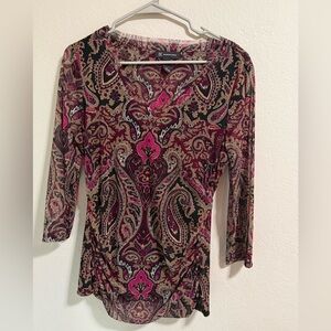 INC Paisley Mesh Top Burgundy Pink Long Sleeve Built-In Cami XL